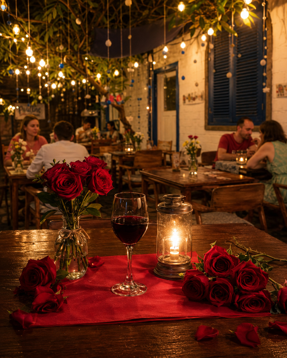 Warm restaurant dinner setting with roses, wine, and guests dining at Poutine Gili Air