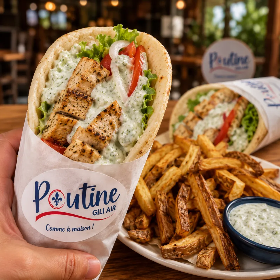 Greek souvlaki pita with chicken, vegetables and tzatziki